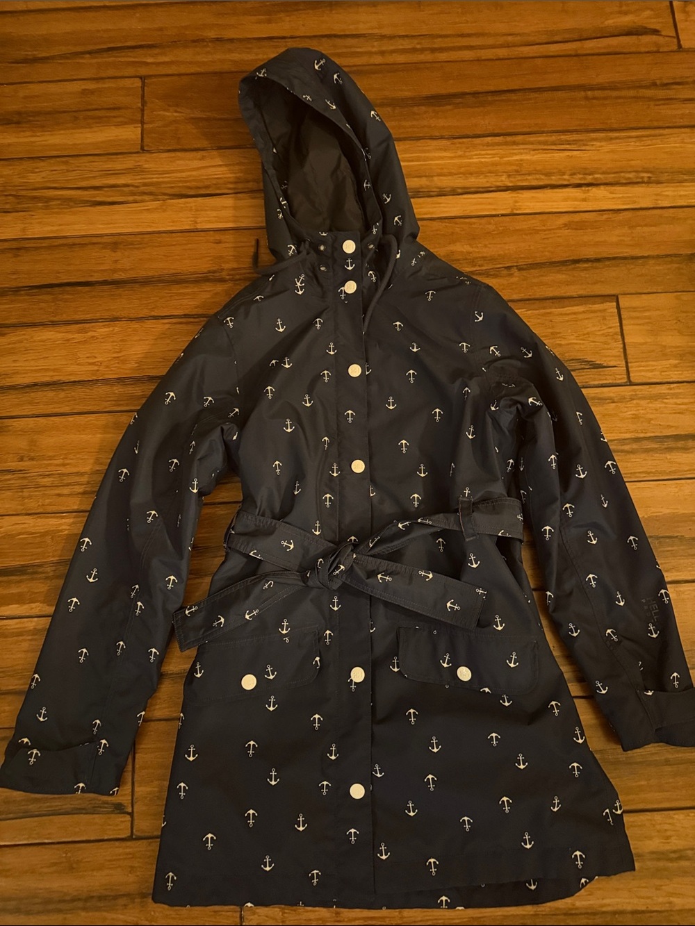 Helly Hansen Women’s Navy Anchor-Print Hooded Rain jacket with Belt Size Small